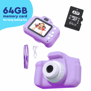 LittleLens Kids Camera in purple with 64GB memory card, USB cable, and lanyard, designed for children aged 3+ for creative outdoor photography.