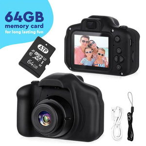LittleLens Kids Camera black toy with 64GB memory card, USB cable, and strap for children's photography and creativity
