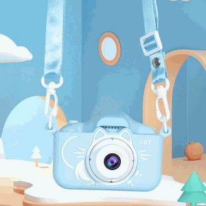 LittleLens Kids Camera in blue with cat design, lightweight and kid-friendly for creative photography and outdoor play.