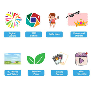 Kid instant print camera with 12MP digital and selfie lens, instant photo printing, frames, stickers, BPA-free thermal paper, HD photo and video recording features