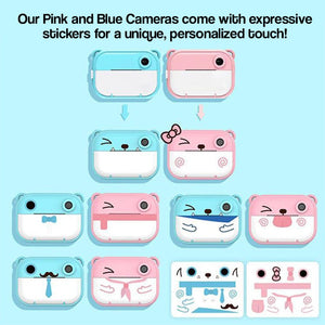 Kids instant print camera with customizable pink and blue designs and expressive stickers for personalization