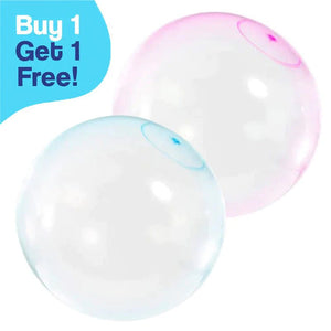 Two translucent Giant Jelly Balloon Balls in pink and blue with buy 1 get 1 free promotion text