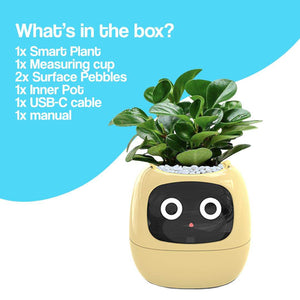 AI GrowBuddy Smart Plant Care System Ivy with expressive face and sensors on white background
