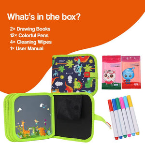 MagicWipe reusable mess-free drawing book with blackboard surface and colorful pens for kids creative learning