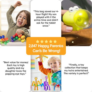 screen-free busy bag with multiple hands-on toys for kids aged 3-8, including magnetic balls and sensory items, designed for travel and quiet play