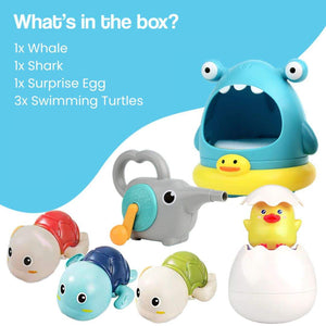 Ocean Adventure 4-in-1 Bath Play Bundle with light-up whale, foaming shark, surprise egg, and swimming turtles for sensory bath play