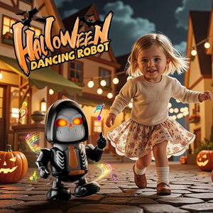 Dancing Skeleton Robot toy with music and lights next to a smiling child in Halloween setting