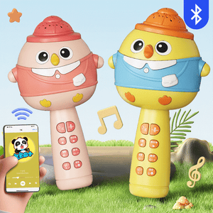 Kids karaoke microphone and speaker toy with Bluetooth connectivity and rechargeable battery designed for children.
