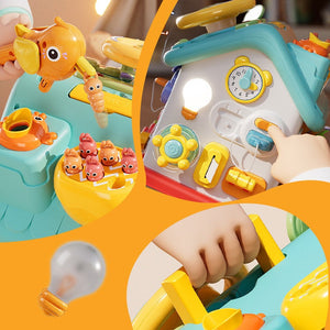 Montessori busy house toy for toddlers with buttons, switches, lights, and fine motor skill activities