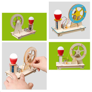 DIY hand-cranked generator educational toy kit made of recycled plastic and wood for STEM learning