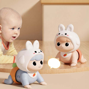 Baby playing with multifunctional educational electric crawling rabbit toy designed for early learning and development
