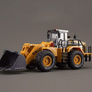 Alloy engineering vehicle toy set featuring loader, road roller, forklift, and bulldozer for kids aged 4-6