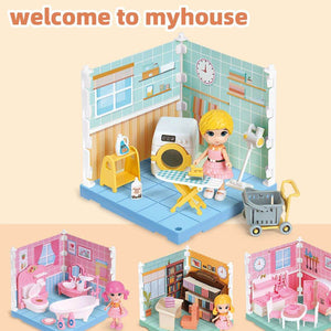Colorful plastic simulation furniture play set for kids including bedroom, kitchen, bathroom, and study pieces