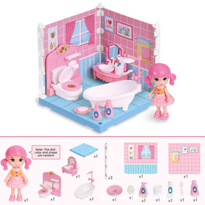 Colorful simulation furniture play set for kids with bedroom, kitchen, bathroom, and study pieces