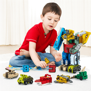 Child playing with digital deformation transforming robot toy and building blocks set