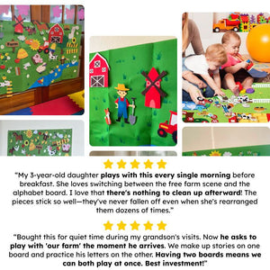 FarmPlay Velcro Learning Board Duo with colorful farm-themed felt pieces and two large Velcro-backed boards for toddler learning and play