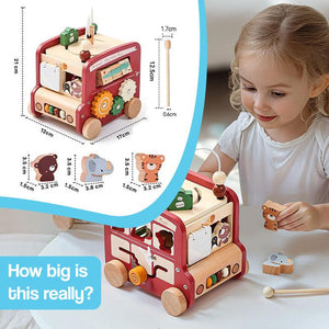 Wooden Montessori Busy Bus with 8-in-1 early learning activities, animal figures, and xylophone for toddlers.