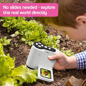 3-in-1 PocketScope handheld microscope with built-in color screen, LED lighting, and camera for kids' magnification and exploration