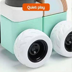 Wooden Montessori vehicle set with natural rubberwood pieces and silicone wheels for quiet play