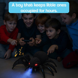 Remote control spider toy with fog spray, red glowing eyes, and creepy sounds for Halloween fun