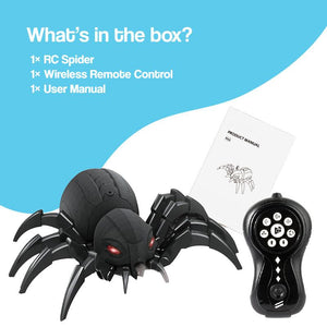 Remote control spider toy with fog spray, red glowing eyes, and sound effects for Halloween fun