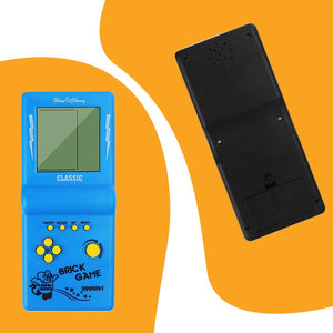 Blue 9999-in-1 retro game console with classic monochrome screen and black rear view on orange background