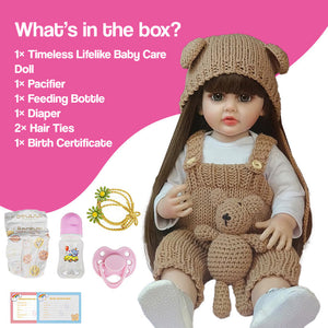 Real-Feel Baby Doll with lifelike features, pacifier, feeding bottle, diaper, hair ties, and birth certificate in a knitted outfit