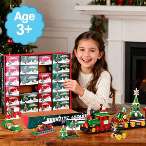 Child playing with Holiday Express Train Advent Calendar and assembled festive train set on table
