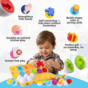 Montessori shape and color matching eggs toy with 12 colorful, shape-matching pairs in a reusable carton