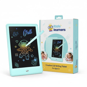 Child using colorful LCD writing and drawing tablet with stylus on vibrant screen