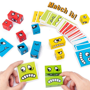 Colorful wooden expression puzzle building blocks game for kids' cognitive and motor skill development