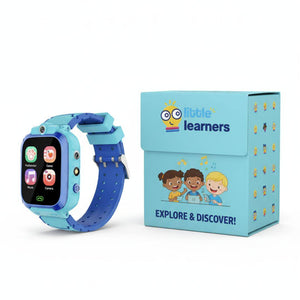 Kids multi-purpose smartwatch in blue with colorful icons on screen and branded packaging box for children exploration and discovery