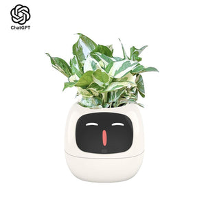 AI GrowBuddy smart plant care system Ivy with expressive face and sensors on white background