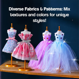 Kids fashion design studio kit with mannequins and diverse fabric patterns for creative styling