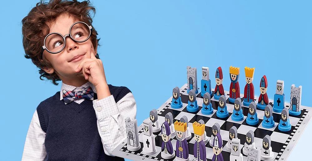 child playing with Educational Wooden Cartoon Chess Set featuring colorful cartoon chess pieces on a chessboard against a blue background