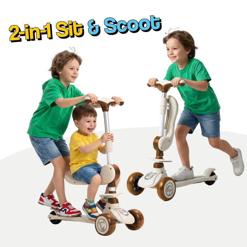 2-in-1 Sit & Scoot folding scooter with flip-down seat and light-up wheels for kids ages 3 to 10