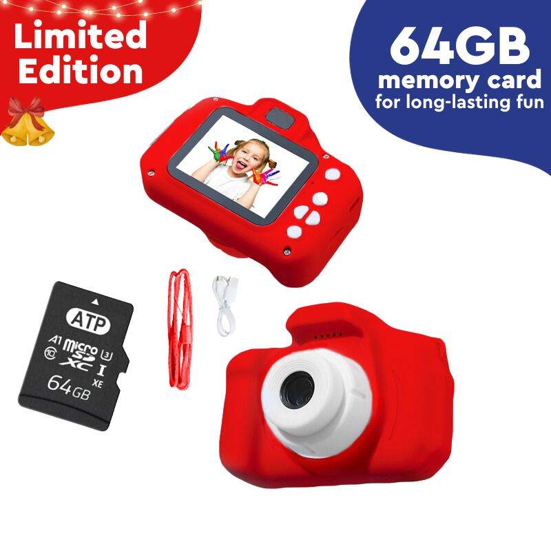 LittleLens Kids Camera red toy with 64GB memory card, USB cable, and lanyard for kids creative photography