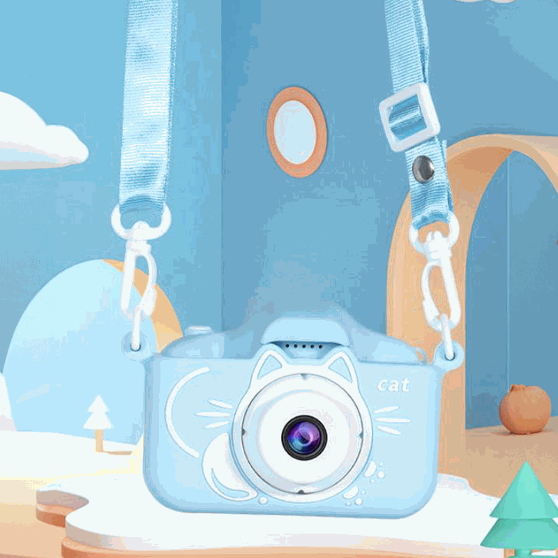 LittleLens Kids Camera in blue with cat-shaped silicone case and adjustable strap for children aged 3 and up.
