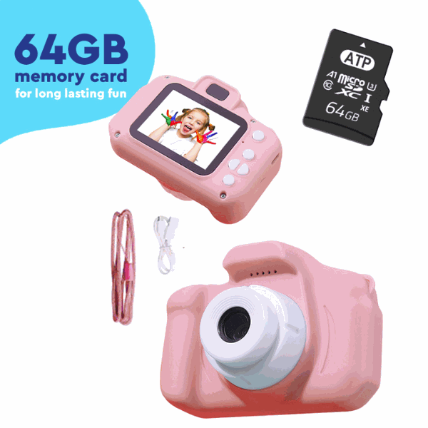 LittleLens Kids Camera in pink with 64GB memory card, USB cable, and lanyard for kids aged 3+