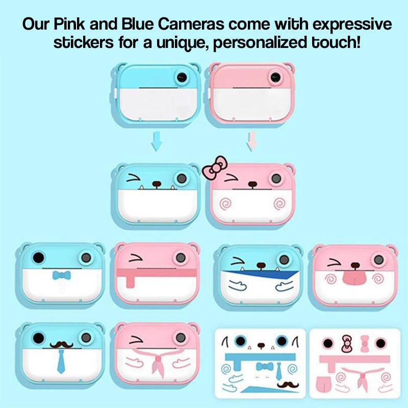 Kid Instant Print Camera in pink and blue with expressive stickers for customization, designed for kids with instant black and white prints and digital capture.