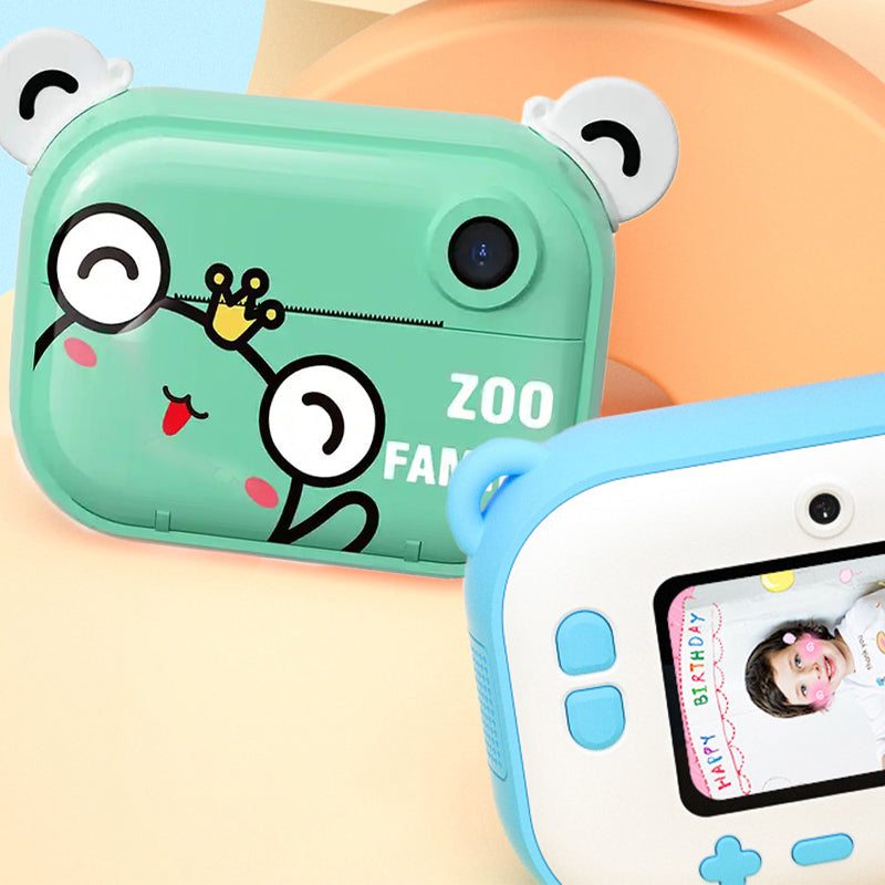 Kid Instant Print Camera with cute animal design, instant black-and-white photo printing, digital capture, and easy-to-use buttons for kids.