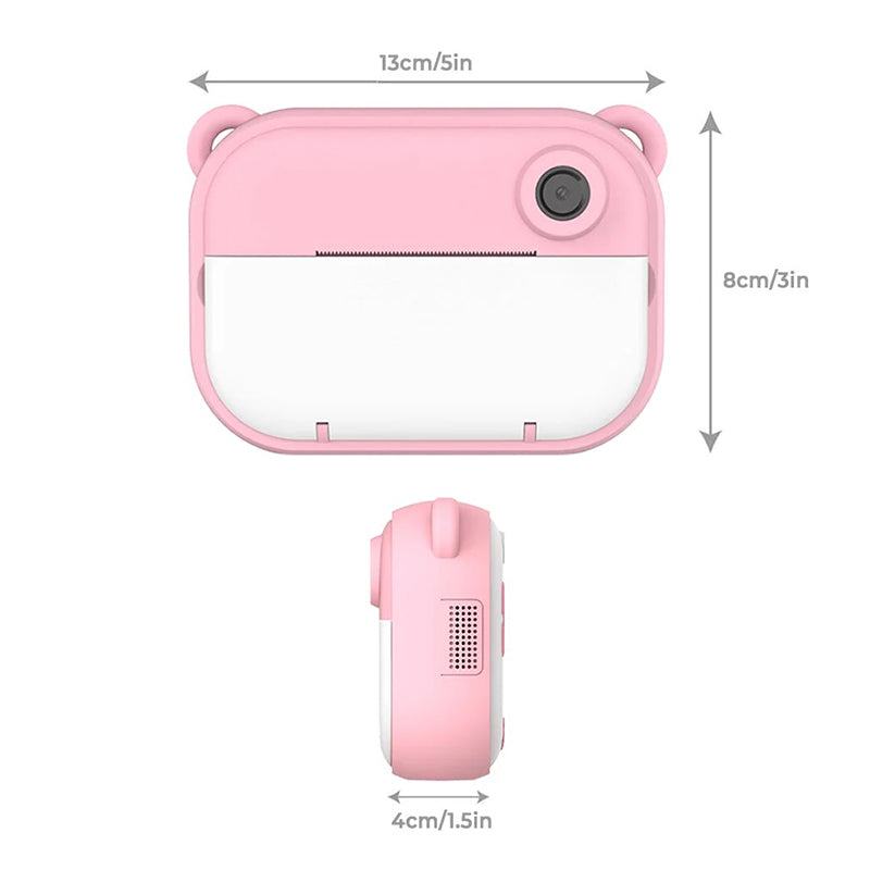 Pink kid instant print camera with compact size and easy-to-use design for children aged 4 and above
