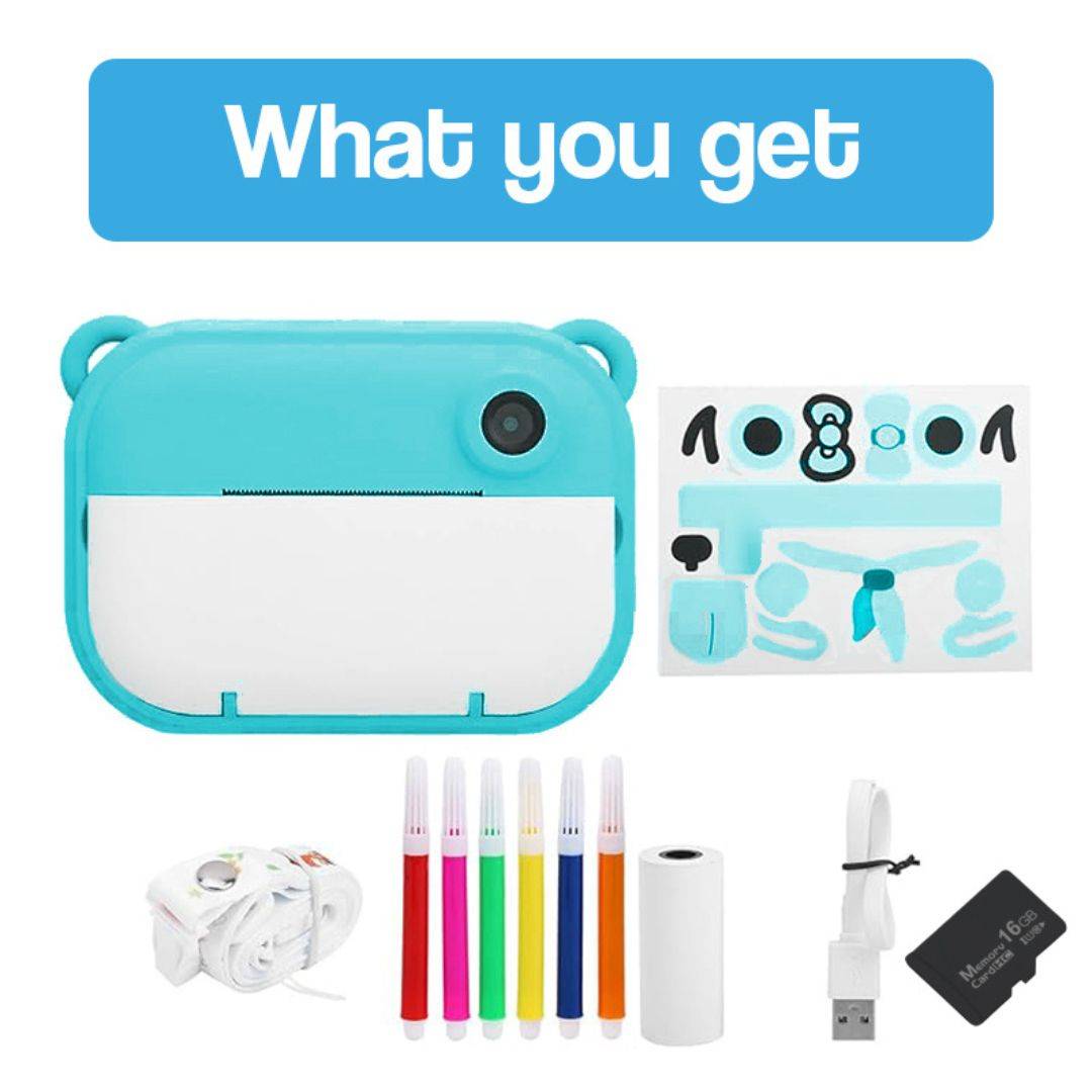 Blue kid instant print camera with stickers, colored markers, thermal paper roll, USB cable, and 16GB memory card kit
