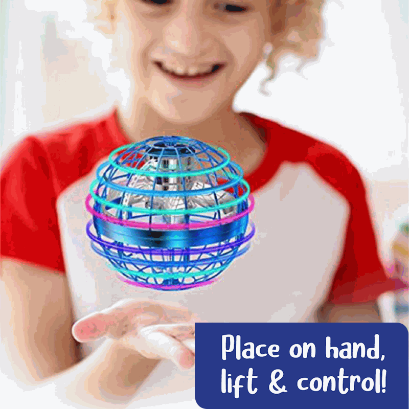 Child playing with Galaxy Lights Flying Magic Orb, glowing blue and purple drone toy controlled by hand.