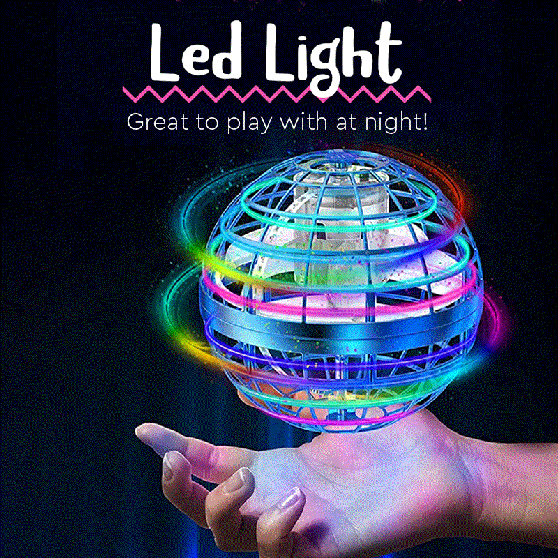 Galaxy Lights Flying Magic Orb glowing with colorful LED lights above hand at night