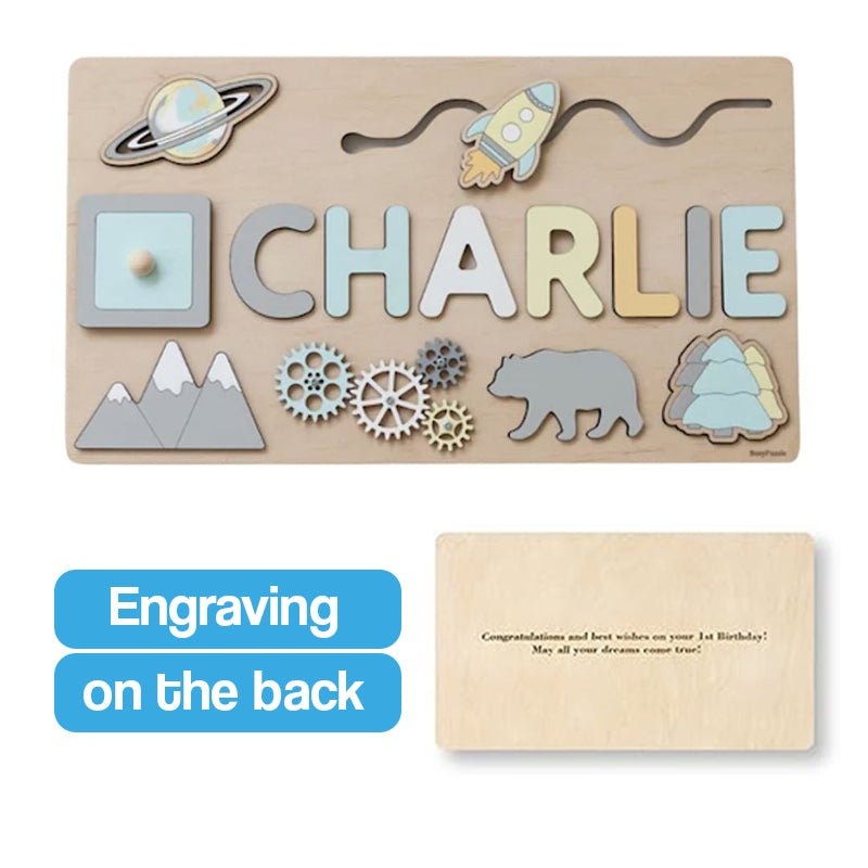 Wooden Custom Name Montessori Board with colorful letters and space-themed puzzle pieces, personalized with engraving on the back.