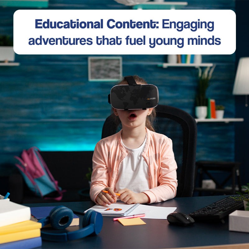 Child wearing interactive VR headset exploring educational content at desk