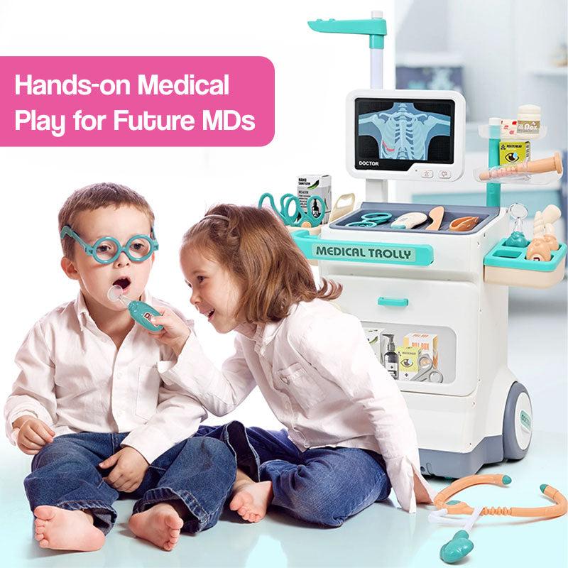 Children playing with the Little Doctor Adventure Play Kit featuring medical trolley and doctor accessories for imaginative role play