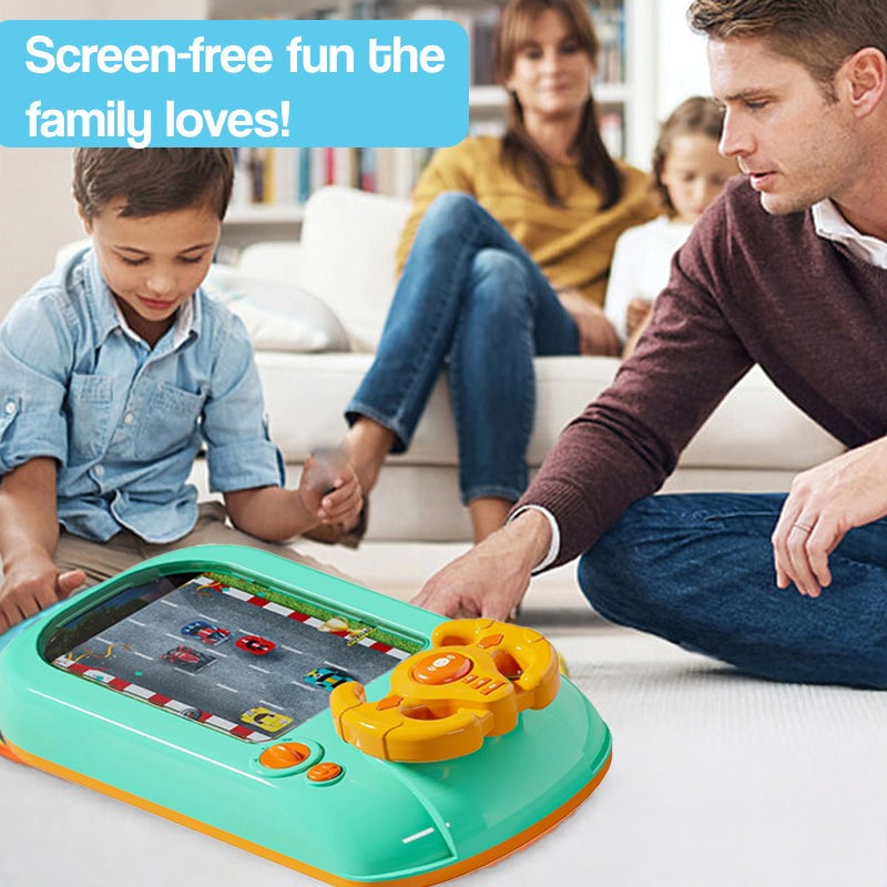 Father and son playing the TurboRace Interactive Game Set together, screen-free family fun with racing challenges for kids ages 3 and up.