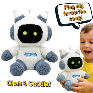 Chat & Cuddle AI-powered plush robot with soft white and gray exterior, smiling face, and child interacting while requesting a song.